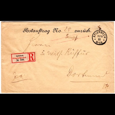 DR 1893, portofreier Postsache Rück-Postauftrag per Einschreiben v. APLERBECK