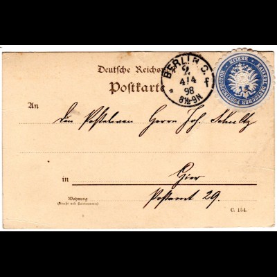 DR 1898, portofreie Karte m. Etikett Kaiserl. Deutscher Postinspector Berlin