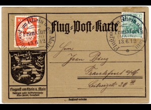 DR 1912, Flugpost am Rhein u. am Main, Karte m. 5 +10 Pf. Luftpost v. Frankfurt