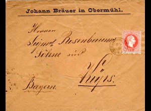 Österreich 1881, Fingerhutstpl. OBERMÜHL a/d DONAU auf Firmenbrief m. 5 Kr.