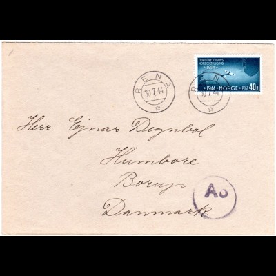 Norwegen 1944, 40 öre Nordseeflug auf Zensur Brief v. Reena n. Dänemark