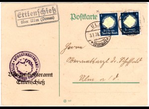 DR 1938, Landpoststpl. ETTLENSCHIESS über Ulm auf Brief m. 2x4 Pf. Dienst