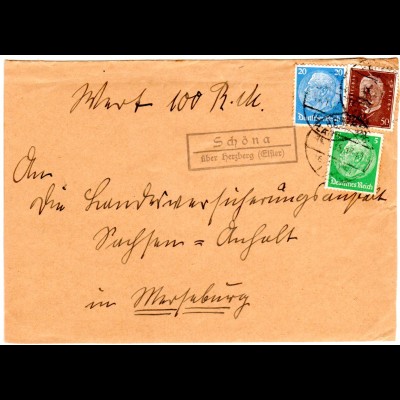 DR 1935, Landpoststpl. SCHÖNA über Herzberg auf Wert-Briefteil m. 5+20+50 Pf. 