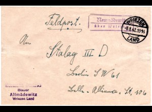 DR 1942, Landpoststpl. NEUMÄDEWITZ über Wriezen auf Feldpost Briefteil 