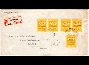 NL 1943, MeF 5x10/2 C. Europa PTT auf Zensur Reko-Brief v. Rotterdam n. Paris