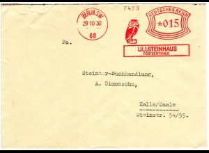 DR 1930, 15 Pf. AFS Ullsteinhaus m. Abb. Eule auf Brief v. Berlin n. Halle. 