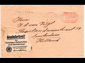 DR 1923, Ausfuhrfrei!-Zettel auf Drucksachenschleife v. Pößneck n. Holland
