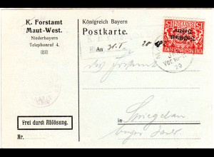 Bayern 1920, 15 Pf. Dienst auf Frei durch Ablösung Karte v. Forstamt Maut