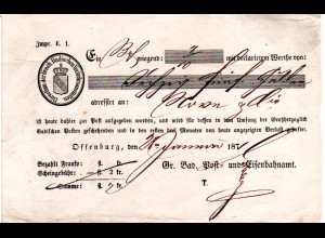 Baden 1871, Offenburg, Postschein m. Wappen, Gr. Bad. Post- und Eisenbahnamt