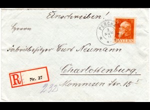 Bayern 1911, 30 Pf. Luitpold (Type I) auf Einschreiben Brief v. PERCHA