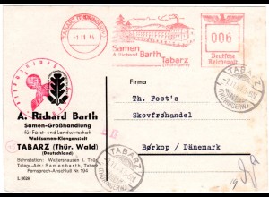 DR 1944, 6 Pf. Samen Barth AFS auf Zensur Karte v. Tabarz n. Dänemark
