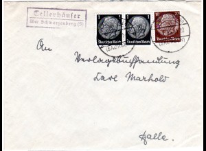 DR 1935, Landpost Stpl. TELLERHÄUSER über Schwarzenberg auf Brief m. 10+2x1 Pf.