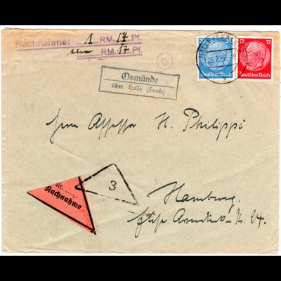 DR 1938, Landpost Stpl. OSMÜNDE über Halle auf Nachnahme-Brief m. 12+20 Pf.