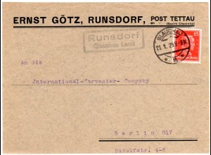 DR 1929, Landpoststempel RUNSDORF Glauchau Land auf Briefteil m. 15 Pf.