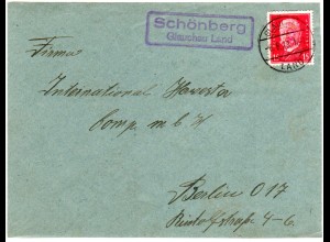 DR 1929, Landpoststempel SCHÖNEBERG Glauchau Land auf Briefteil m. 15 Pf.