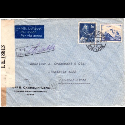 Schweiz 1943, 30 C+1,50 Fr. auf Luftpost Zensur Brief via Chiasso n. Argentinien