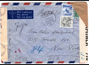Schweiz 1943, 30+40 C.+1 Fr. auf Luftpost Zensur Brief v. Riehen n. USA