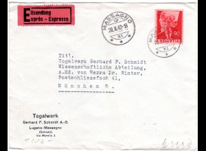 Schweiz 1942, EF 90 C. auf Express Zensur Brief v. Massagno (Tessin) n. München