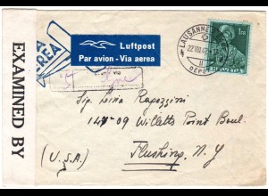 Schweiz 1942, EF 1 Fr. auf Luftpost Zensur Brief v. Lausanne via Genf n. USA