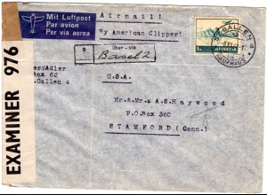 Schweiz 1941, EF 1 Fr. auf Luftpost Zensur Brief v. St. Gallen via Basel n. USA
