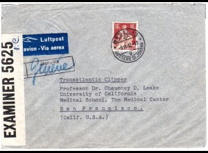 Schweiz 1942, EF 1 Fr. auf Luftpost Zensur Brief v. Basel via Geneve n. USA