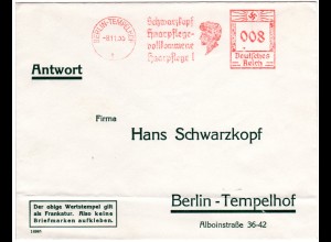 DR 1935, 8 Pf. AFS Schwarzkopf Haarpflege auf Orts-Brief v. Berlin-Tempelhof