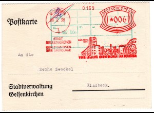 DR 1938, 6 Pf. AFS Stadt Gelsenkirchen Hans Sachs-Haus auf Karte n. Gladbeck