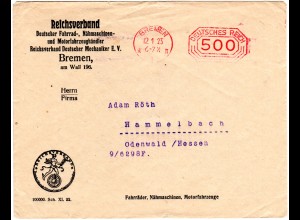 DR 1923, 500 Mk Post-Freistempel auf Fahrrad Verband Vordruck Umschlag v. Bremen