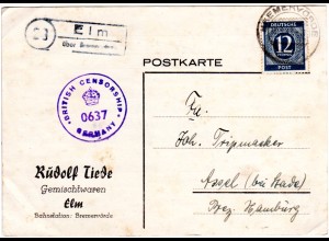 1946, Landpoststempel ELM über Bremervörde auf Zensur Karte m. 12 Pf.