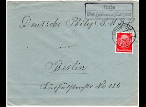 DR 1939, Landpost Stpl. KREBS über Heidenau (Sachsen) auf Brief m. 12 Pfg. 