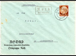 DR 1940, Landpoststpl. ROTH über Lichtenfels auf NSDAP Drucksache Brief m. 3 Pf.