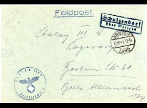 DR 1941, Landpoststpl. SCHULZENDORF über Wriezen auf Feldpost Briefteil