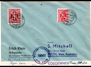 1946, selt. Zensur-L1 CONDEMNED auf Brief m. 60+15 Pf. v. Alfeld n. Australien.