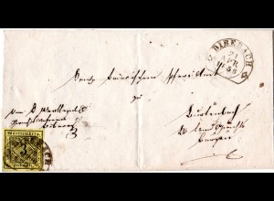 Württemberg 1856, breitr. 3 Kr. auf Brief m. Steigbügelstpl. BIBERACH n. Bayern