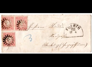 Bayern, MeF 3x3 Kr. auf kl. Brief m. MR 145 Fürth n. Altenburg, Preussen