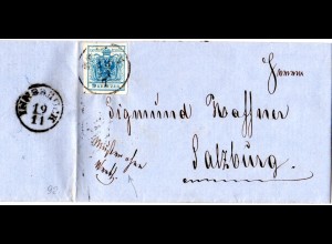 Österreich 1857, breitrandige 9 Kr. auf Muster ohne Wert Brief v. Bozen