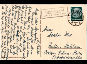 DR 1933, Landpost Stpl. LOBEOFSUND über Nauen auf Karte m. 6 Pf.