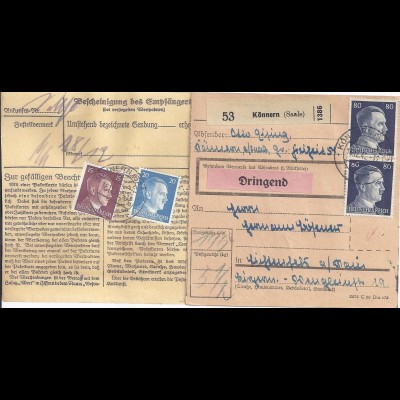DR 1942, Könnern Saale, Paketkarte "Dringend" n. Lichtenfels. #2259