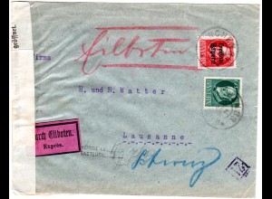 Bayern 1919, 60+10 Pf. auf Eilboten Zensur Brief v. München 33 i.d. Schweiz