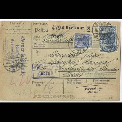 DR 1916, 20 Pf.+2 Mk. auf Paketkarte v. Berlin i.d. Türkei. #2744
