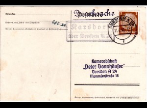 DR 1940, Landpost Stpl. KARSDORF über Dresden A 28 auf Drucksache-Karte m. 3 Pf