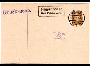 DR 1930, Landpost Stpl. HAGENHORST Bad Polzin Land auf Drucksache-Karte m. 3 Pf.