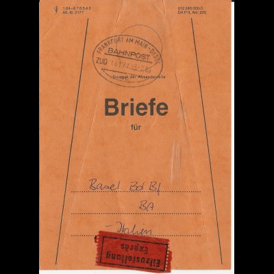 BRD 1985, Eilboten Brief Bund Fahne m. Bahnpost Frankfurt Basel i.d. Schweiz. 