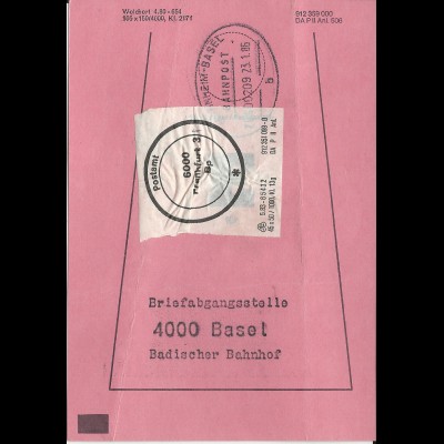 BRD 1986, Brief Bund Fahne m. Bahnpost u. PA Siegel Frankfurt i.d. Schweiz.