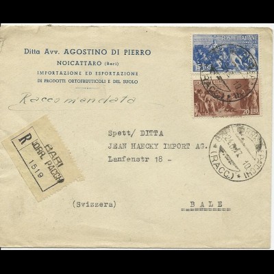 Italien 1947, 15+20 L. auf Einschreiben Brief v. Bari i.d. Schweiz. #1033