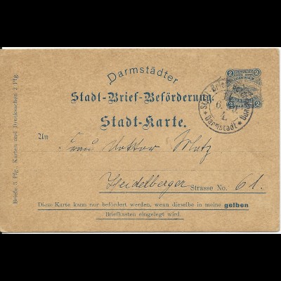 Stadtpost Darmstadt 1899, Ganzsache P16, 2 Pf. Courier sauber bedarfsgebraucht!