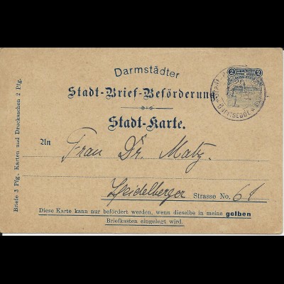 Stadtpost Darmstadt 1898, Ganzsache P12, 2 Pf. Courier sauber bedarfsgebraucht!