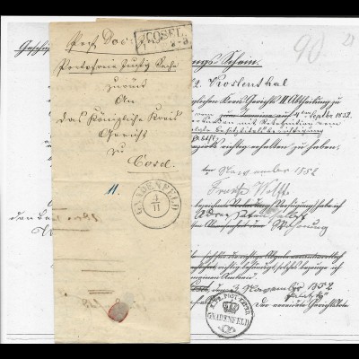 Preussen 1852, R2 Cosel u. K2 Gnadenfeld auf Behändigungs Schein Brief. Polen.