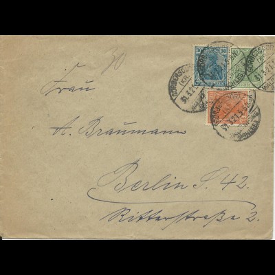 DR Polen 1921, 10+20+30 Pf. Germania auf Brief v. Görbersdorf Schlesien 