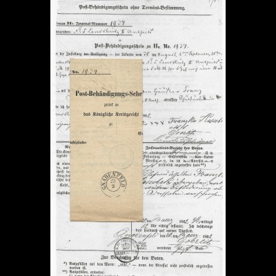 Preussen 1862, gedruckter Post Behändigungs Schein m. K2 Gnadenfeld. 